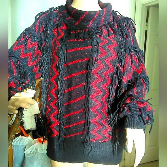 VINTAGE SWEATER RED & BLACK FRINGE BY SUNBOW 2 SZ. MED VERY UNIQUE - Picture 1 of 7